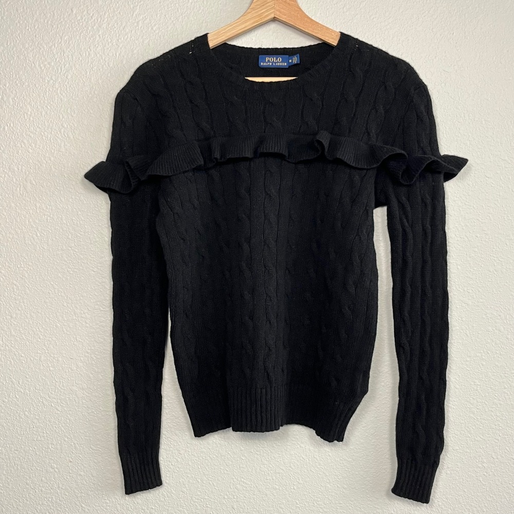 Polo Ralph Lauren Black Merino Wool Cashmere Cable Knit Ruffle Sweater Medium